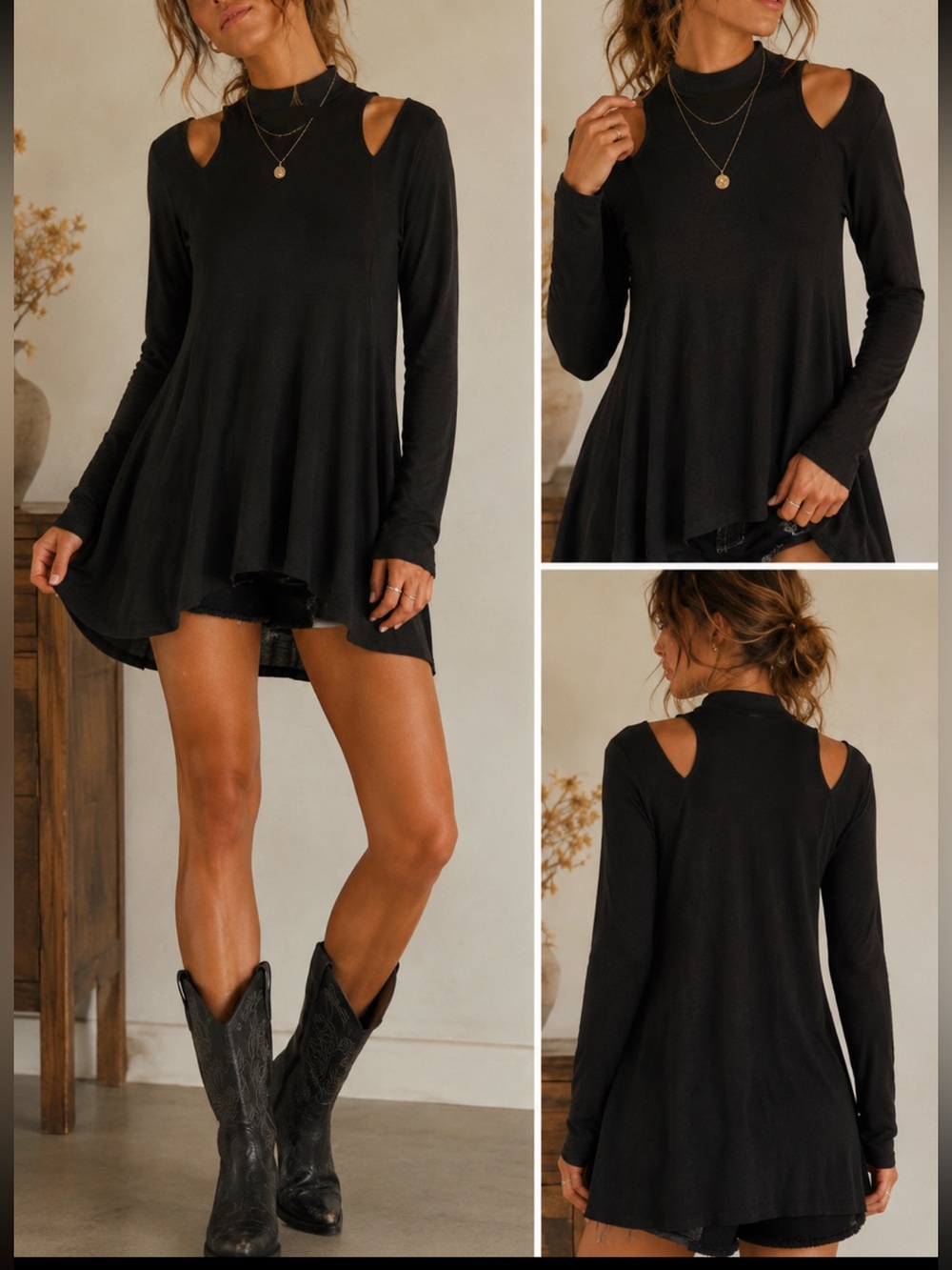 Free People Black Knit Tunic Cold Shoulder High Neck Choker Boho Top - Size M